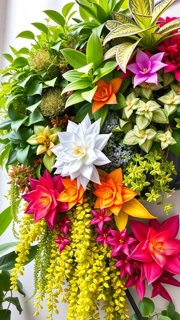 A wall adorned with various hanging plants and greenery.