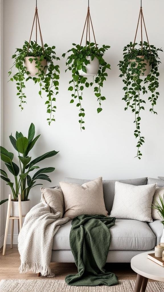 Three hanging planters with lush green plants above a light gray sofa.