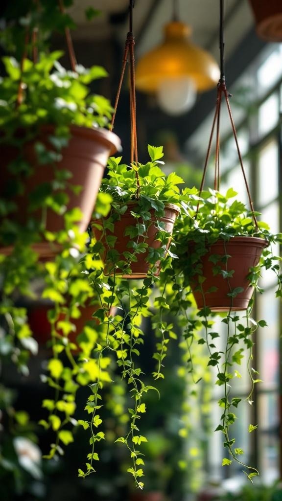Hanging planters with trailing vines in a bright indoor setting