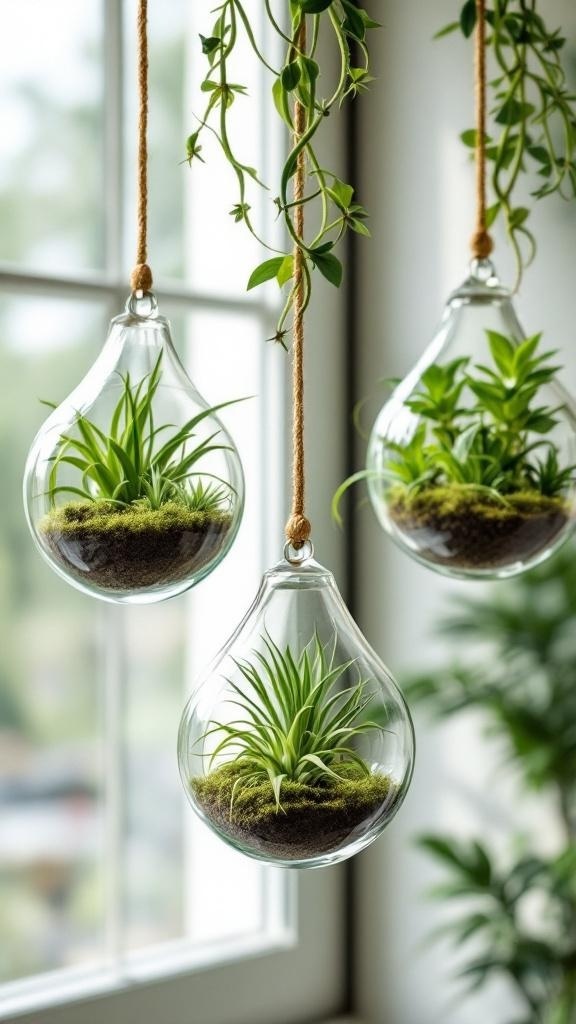 Hanging terrariums with air plants in glass orbs