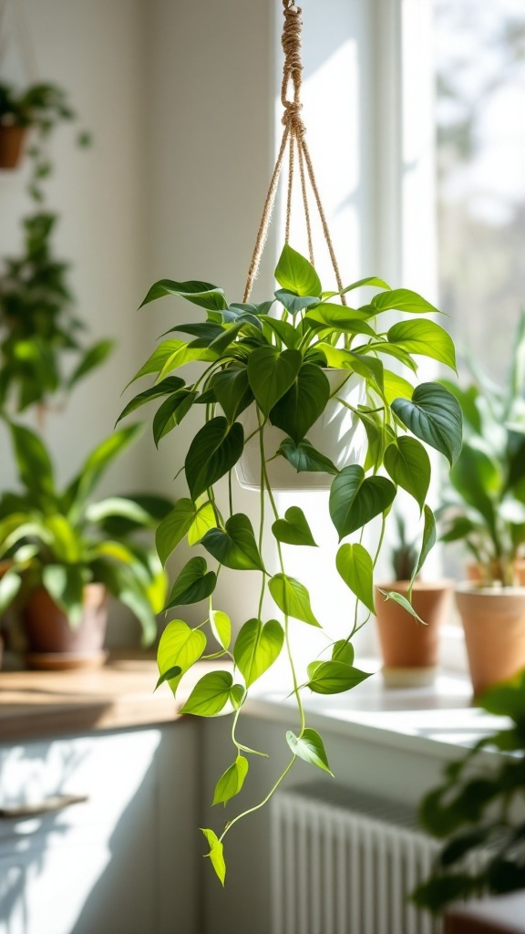A Heartleaf Philodendron hanging plant with lush green leaves in a bright kitchen.