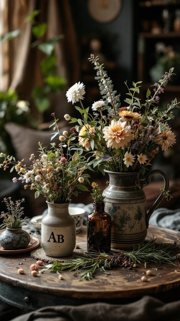 A collection of herb and flower bouquets in vintage vases on a wooden table.