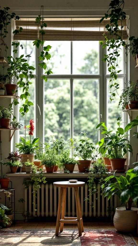 A living room window filled with various potted plants and herbs, creating a lush and inviting atmosphere.