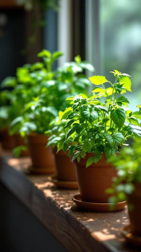 Pots of fresh basil and parsley on a windowsill.