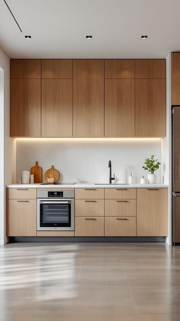 A modern kitchen with hidden appliances and sleek cabinetry.