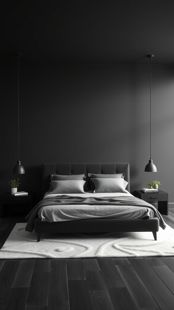 A cozy black bedroom featuring a stylish bed frame, soft bedding, and minimalist decor.