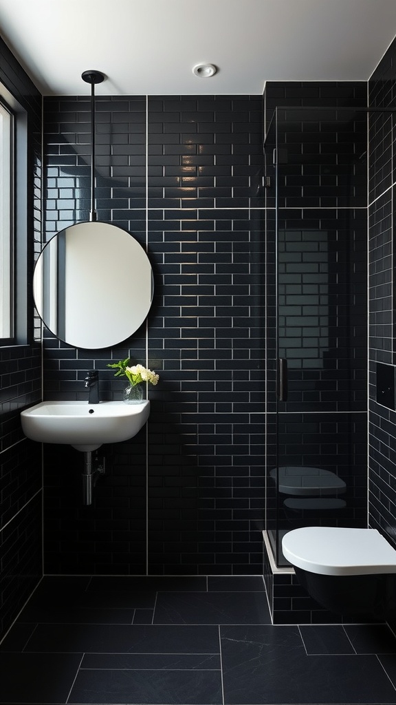 A modern bathroom featuring black tiles, a round mirror, and a touch of greenery.