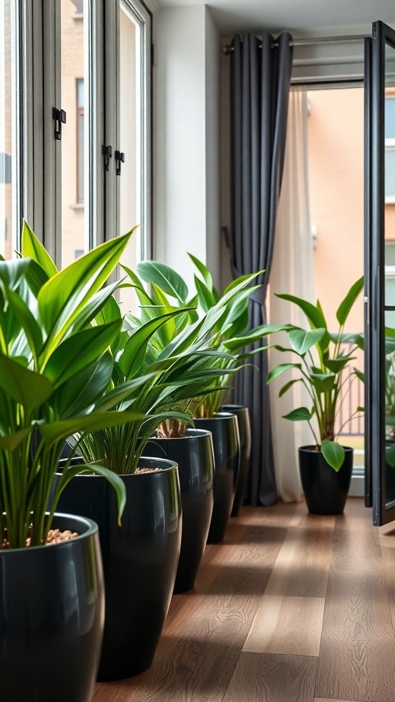 Indoor plants in black pots near large windows