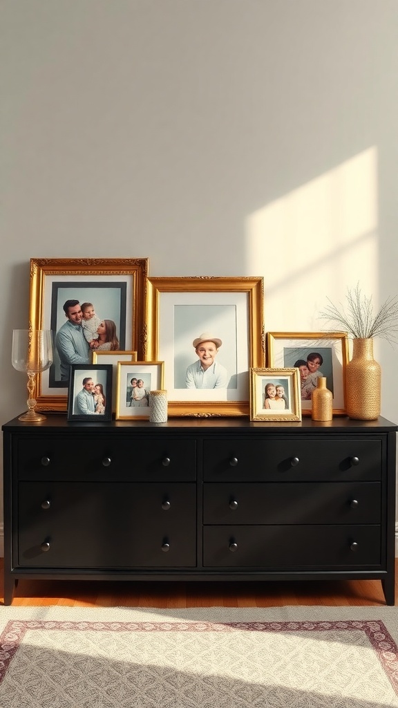 A stylish arrangement of gold-framed photos on a black dresser in a cozy bedroom setting.