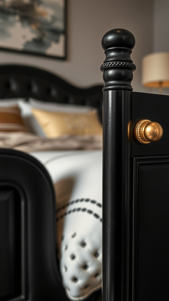 A close-up of a black bed frame with gold hardware, showcasing a cozy bedroom design.