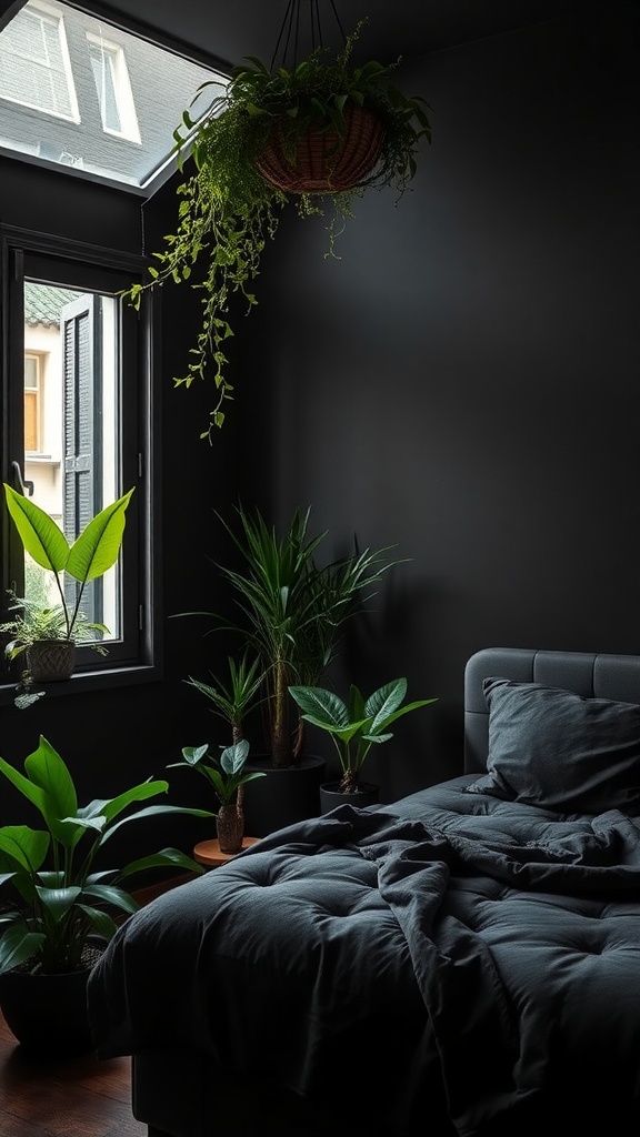 A cozy black bedroom featuring various indoor plants and a comfortable bed.