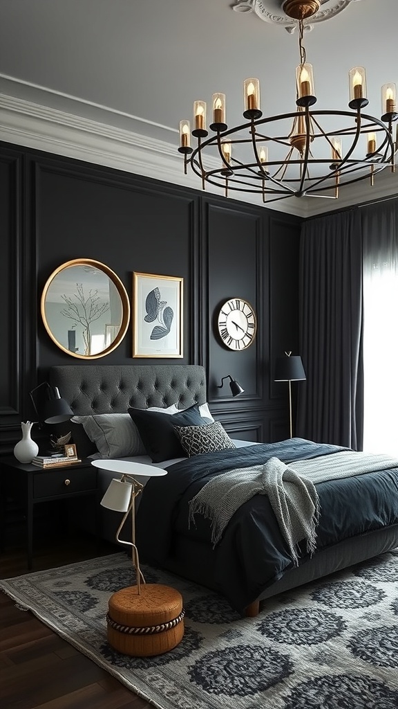A cozy black bedroom featuring metallic accents with a chandelier, mirrors, and stylish decor.