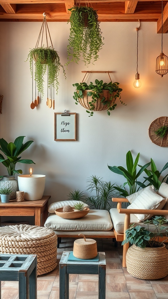 Cozy living room with hanging plants and natural decor.