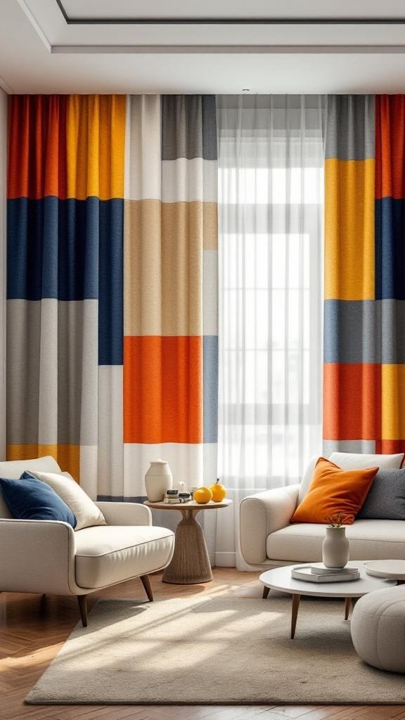 A living room featuring multicolored patch curtains, a cozy sofa, and a stylish coffee table.