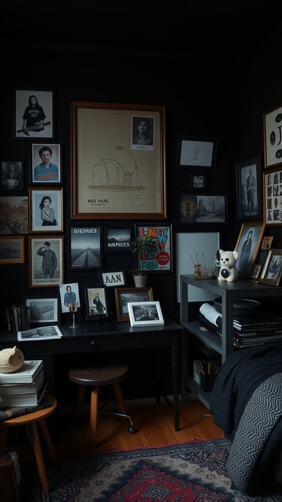 A cozy black bedroom with personal touches like framed photos and artwork on the walls.