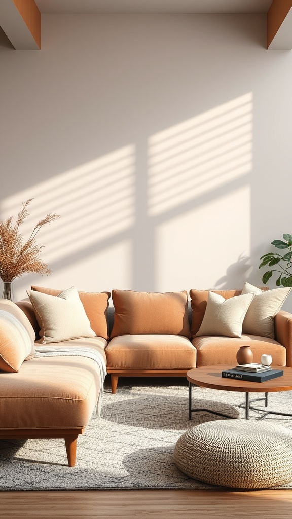 Cozy living room with soft fabrics and warm colors