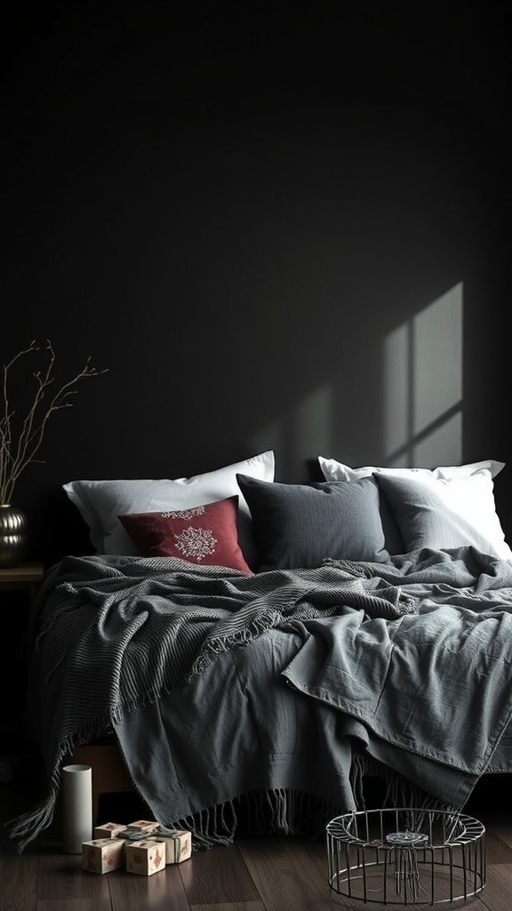 A cozy black bedroom featuring layered textiles, including pillows and a blanket.
