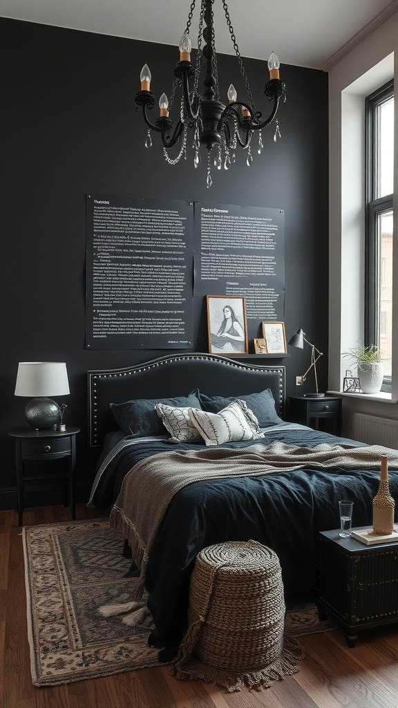 Cozy black bedroom with vintage chandelier and decor.