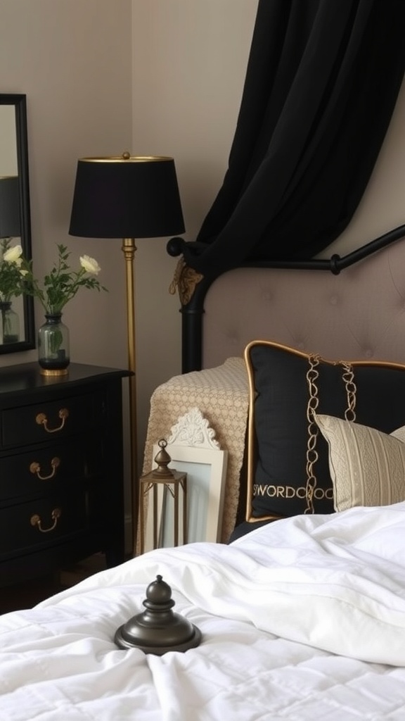 Cozy black and gold bedroom featuring vintage decor elements.