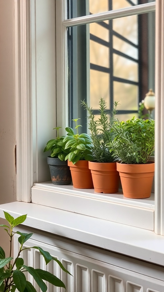 Indoor herb garden on a windowsill with various potted herbs.