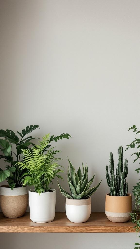 Indoor plant shelf featuring ferns and cacti in decorative pots.