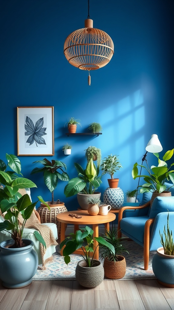 A vibrant blue living room filled with various indoor plants, showcasing a cozy and inviting atmosphere.