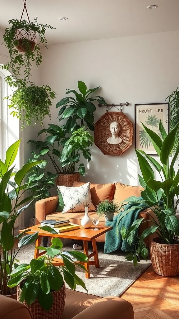 Cozy living room with indoor plants and warm decor.