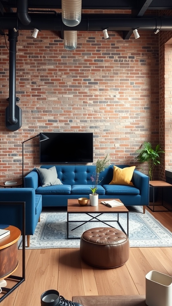 A cobalt blue sofa in an industrial living room with exposed brick walls and wooden accents.