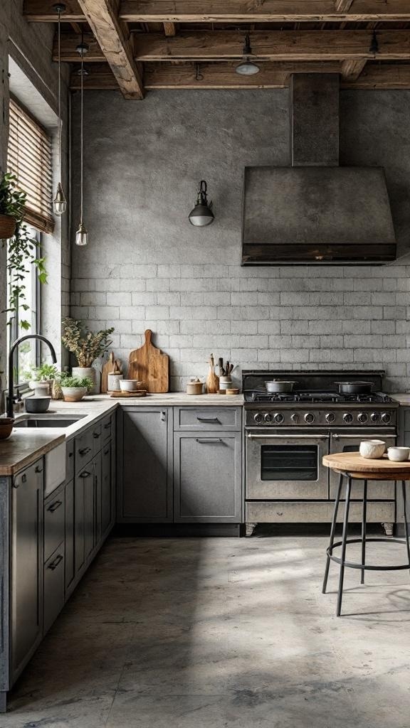 A modern industrial kitchen featuring metal cabinets and wooden accents.