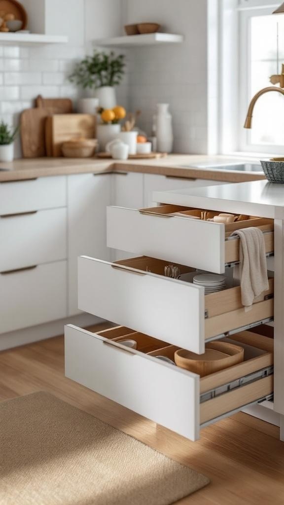 A modern kitchen with innovative drawer systems showing organized utensils and containers.