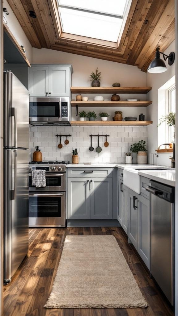 A stylish small kitchen with gray cabinetry, open shelves, and a skylight.
