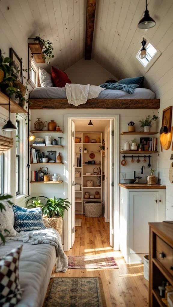 Interior of a luxury tiny house with a lofted bed and organized shelving.