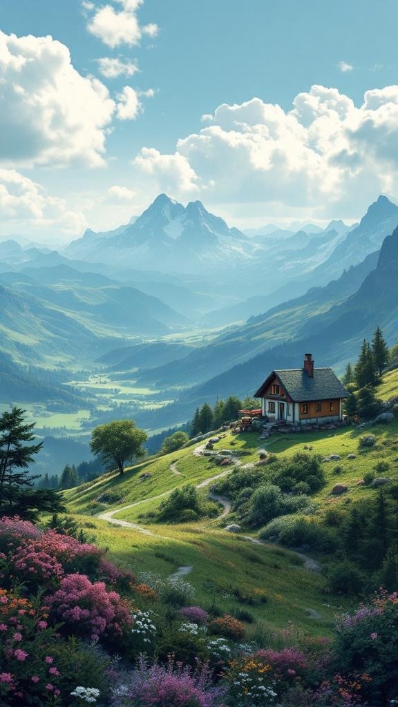 A picturesque tiny house on a hill surrounded by flowers and mountains.