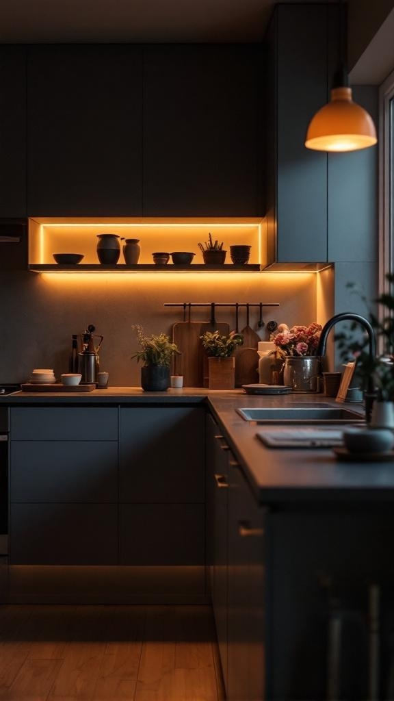 A modern kitchen with integrated warm lighting under cabinets and shelves.