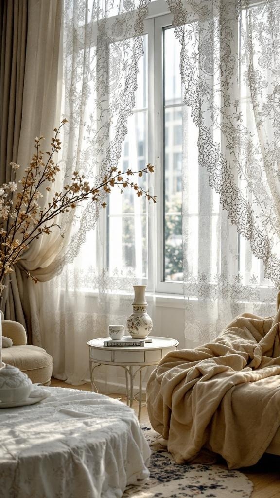 A cozy living room featuring lace curtains, a soft blanket, and decorative elements.