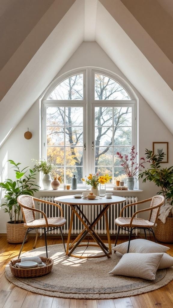 Cozy breakfast nook with a round table, two chairs, and a view of trees through large windows.