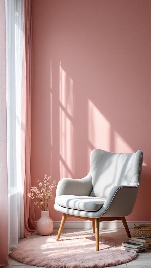 Cozy reading nook with a grey chair, pink wall, and soft rugs.