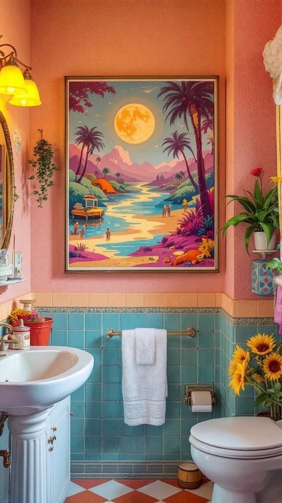 A colorful piece of wall art depicting a tropical scene with palm trees and a moonlit river.
