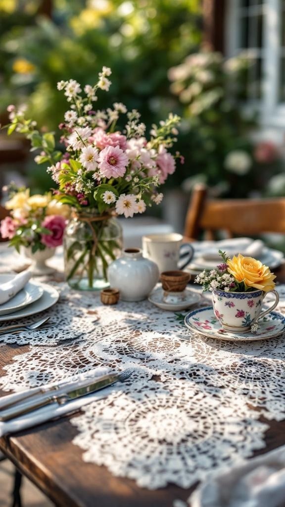 A beautifully set outdoor table with lace doilies, flowers, and vintage tableware.