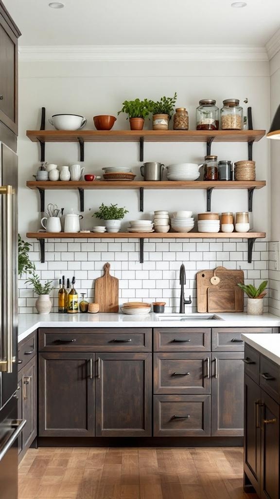 A stylish kitchen featuring ladder shelves with various dishes, plants, and storage jars.