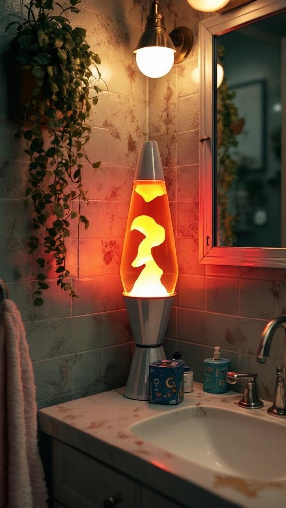 A lava lamp glowing in a bathroom setting, surrounded by plants and bathroom fixtures.