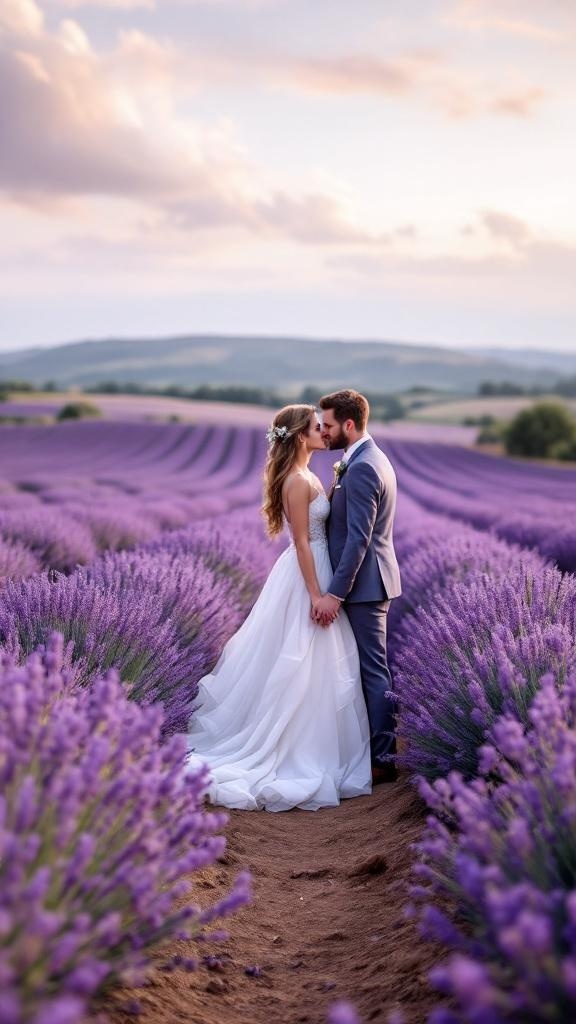 A couple in wedding attire standing in a lavender field, sharing a kiss.