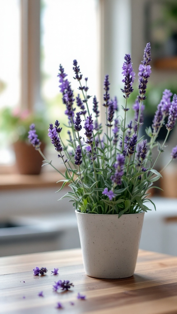 A potted lavender plant with purple flowers on a kitchen table, with sunlight streaming through a window.