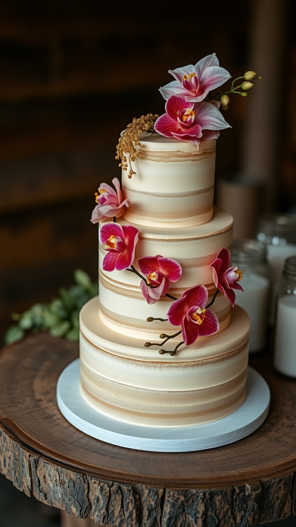 Layered khaki wedding cake decorated with dried orchids on a wooden table.