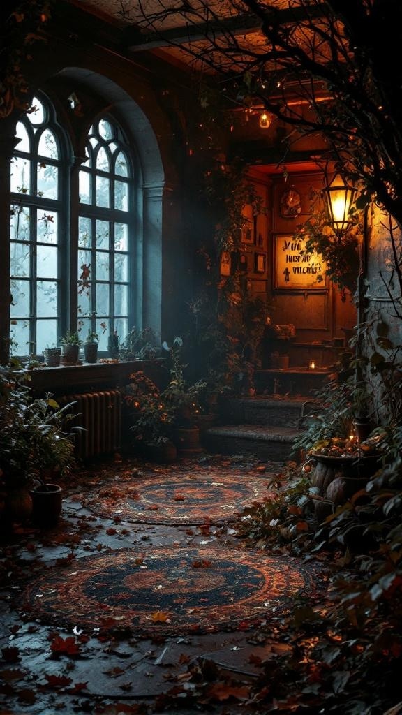 A cozy witchy living room with layered lighting, featuring warm lights, candles, and vintage decor.
