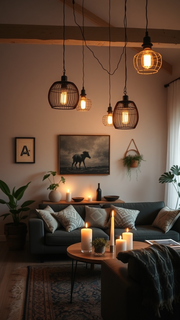 A cozy living room with layered lighting, featuring pendant lights, candles, and decorative plants.