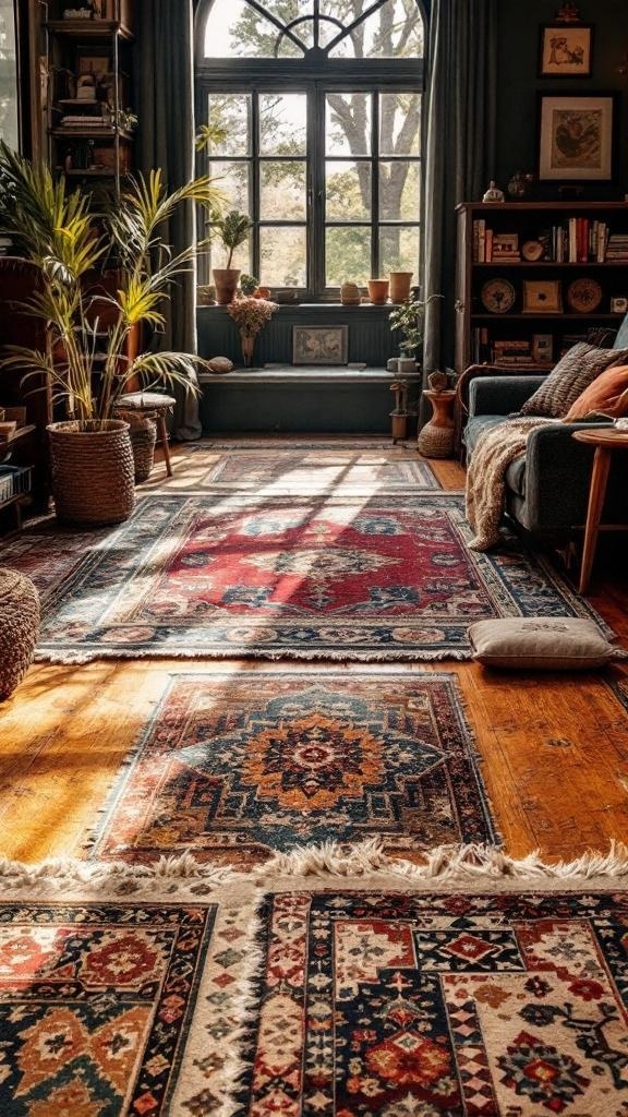 A cozy living room with layered rugs, showcasing a warm and inviting atmosphere.