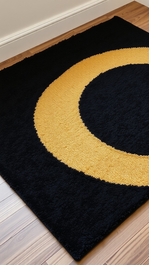 A black rug with a gold circular design on a wooden floor.