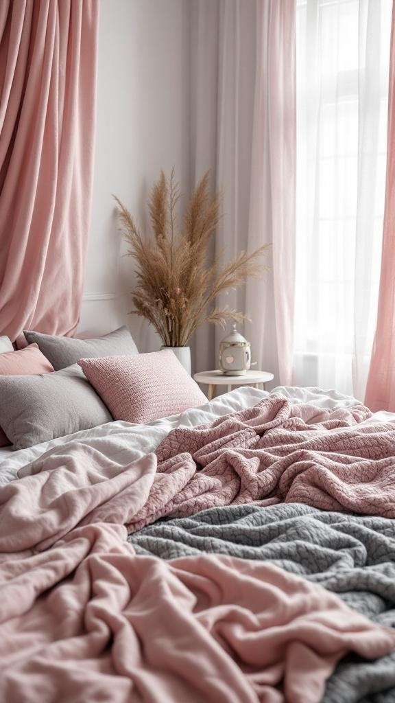 A cozy pink and grey bedroom with layered textures including blankets, cushions, and curtains.