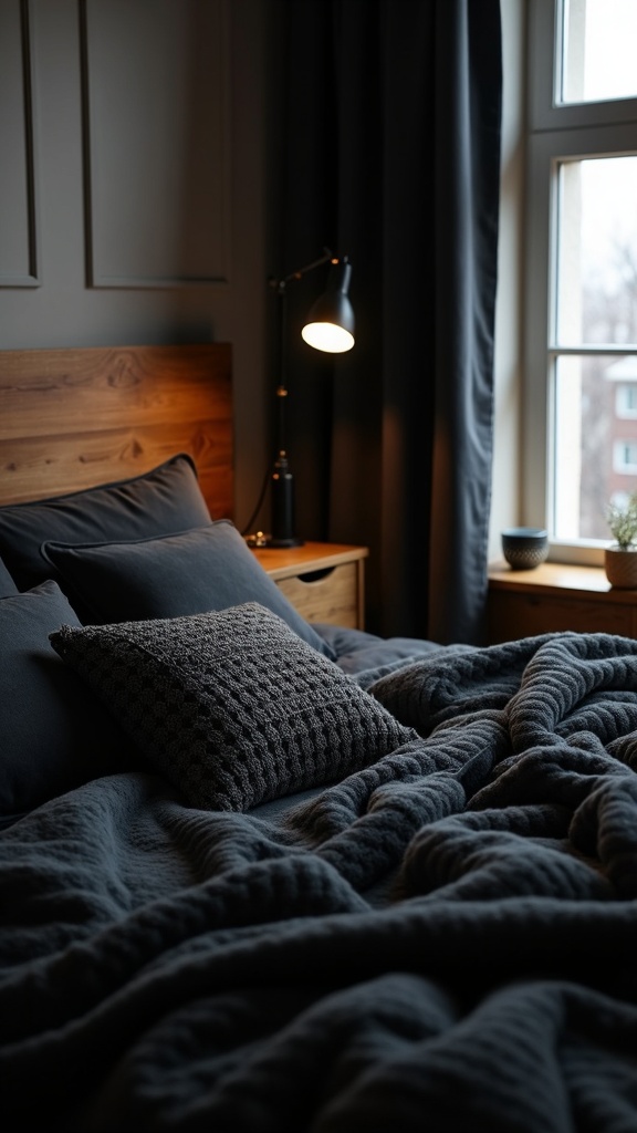 A cozy bedroom featuring layered black textures with a soft blanket, pillows, and a warm lamp.